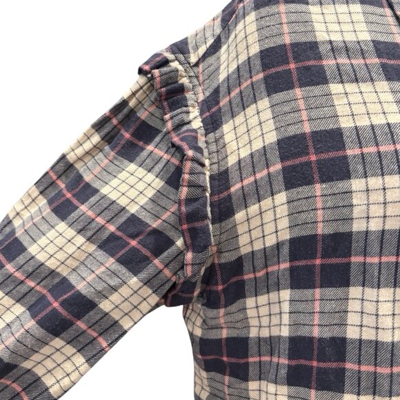 Rails Willow Plaid Shirt Small | Almond Pink Navy | Ruffle Shoulder Fall Button - Picture 2 of 6
